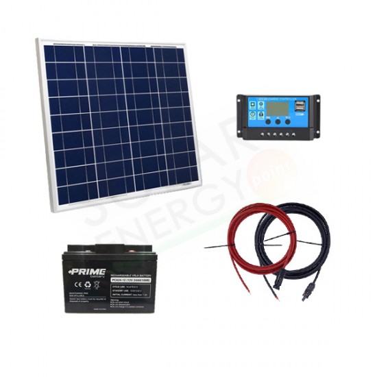 KIT SOLARE PRO 50W 12V – MODULO 50W / REGOLATORE 10A / BATTERIA 24AH / CAVI