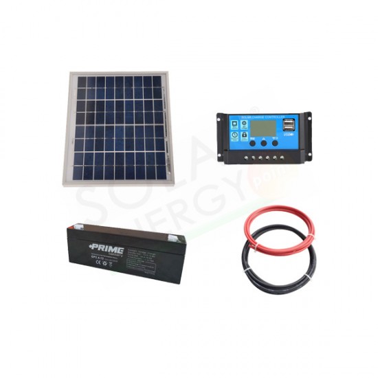 KIT SOLARE PRO 5W 12V – MODULO 5W / REGOLATORE 10A / BATTERIA 2.4AH / CAVI