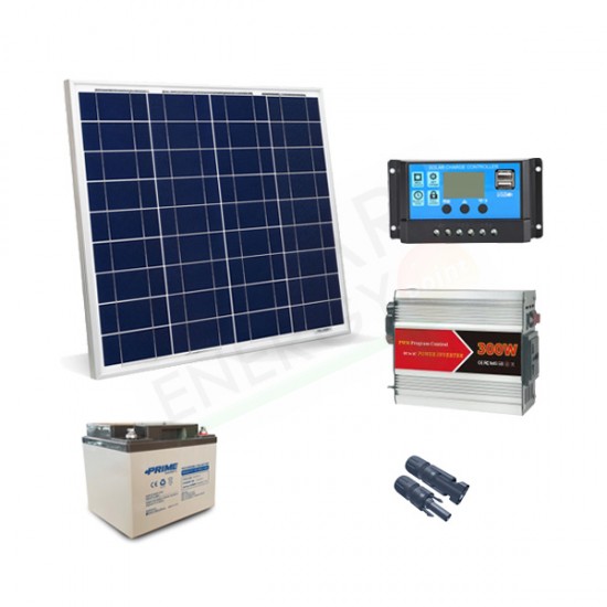 KIT SOLARE PLUS 50W 12V – MODULO 50W / REGOLATORE 10A PWM / INVERTER 300W / BATTERIA 24AH