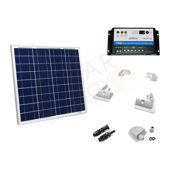 KIT SOLARE CAMPER 50W 12V – MODULO 50W E REGOLATORE 10A DUAL BATTERY / ACCESSORI FISSAGGIO