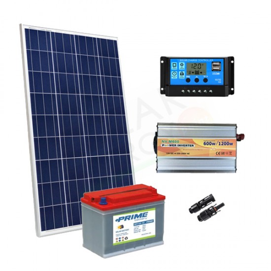 KIT SOLARE PLUS 100W 12V – MODULO 100W / REGOLATORE 10A PWM / INVERTER 600W / BATTERIA 110AH